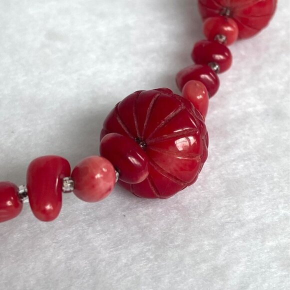 Signed Peyote Bird Sterling Silver 925 Beaded Red Red Coral Necklace 17" - 19" - Picture 11 of 16
